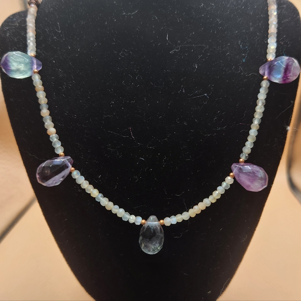 Peach Moonstone, Fluorite and Copper Beaded Necklace - Picture 2 of 5